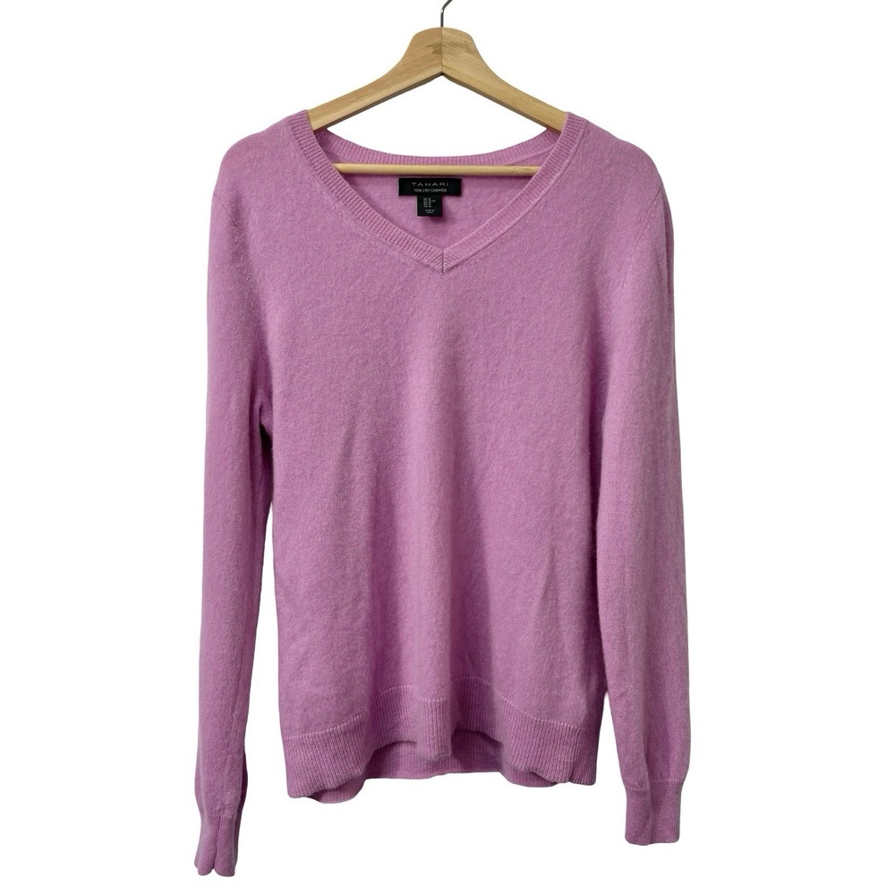 Tahari Pink 2 Ply 100% Cashmere V Neck Sweater Size XL